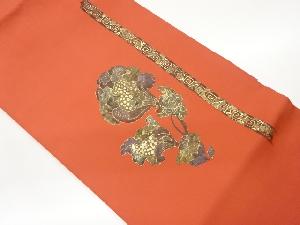 作家物　塩瀬金彩抽象花葉に縞模様名古屋帯